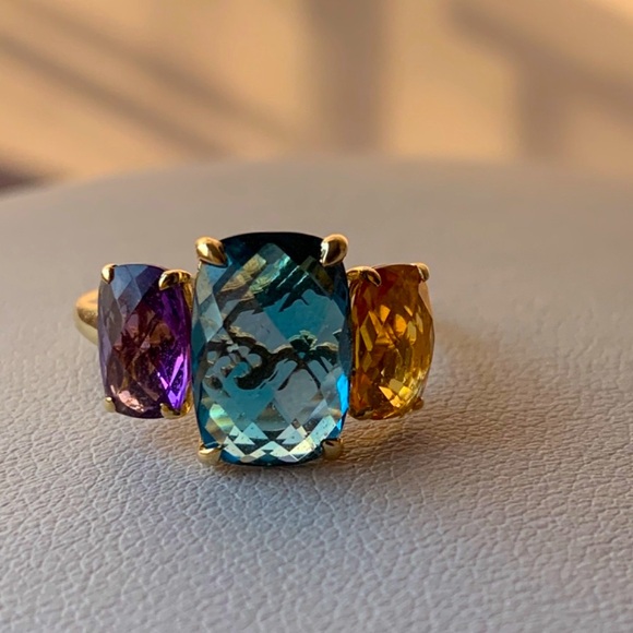 EFFY 14K GOLD MOSAIC LONDON BLUE TOPAZ CITRINE AMETHYST MULTI GEMSTONE RING - Picture 6 of 16